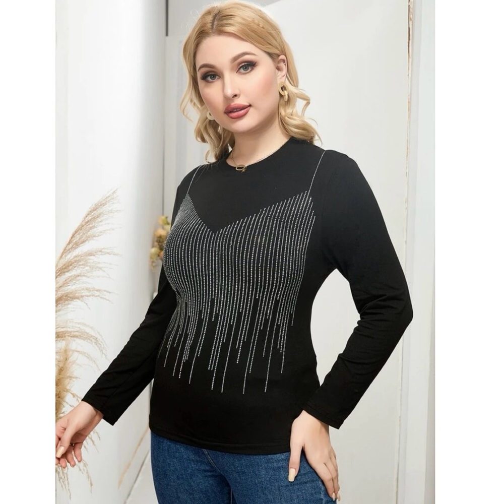 Y2K Luxe Rhinestone Plus Long Sleeve Black Top Size 2XL